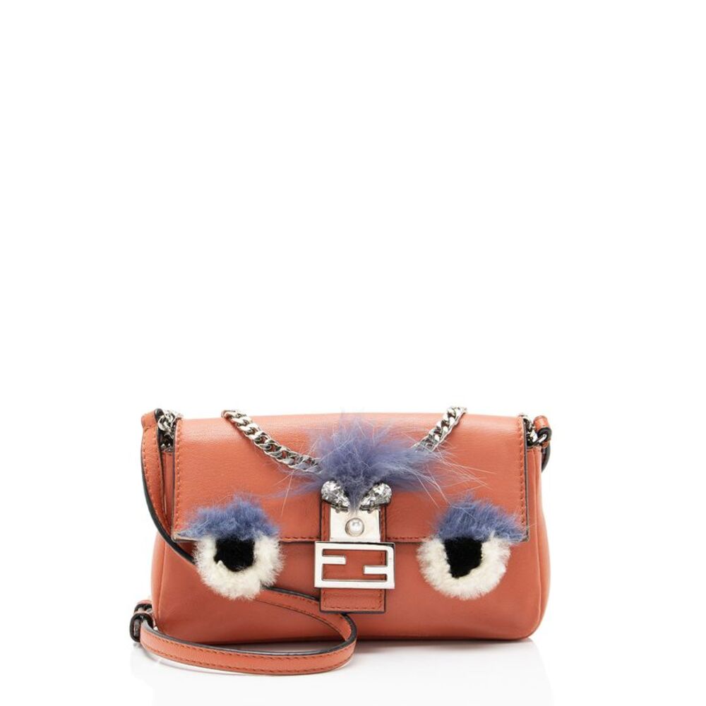 Fendi Nappa Leather Fox Fur Crystal Micro Buggie Baguette Bag